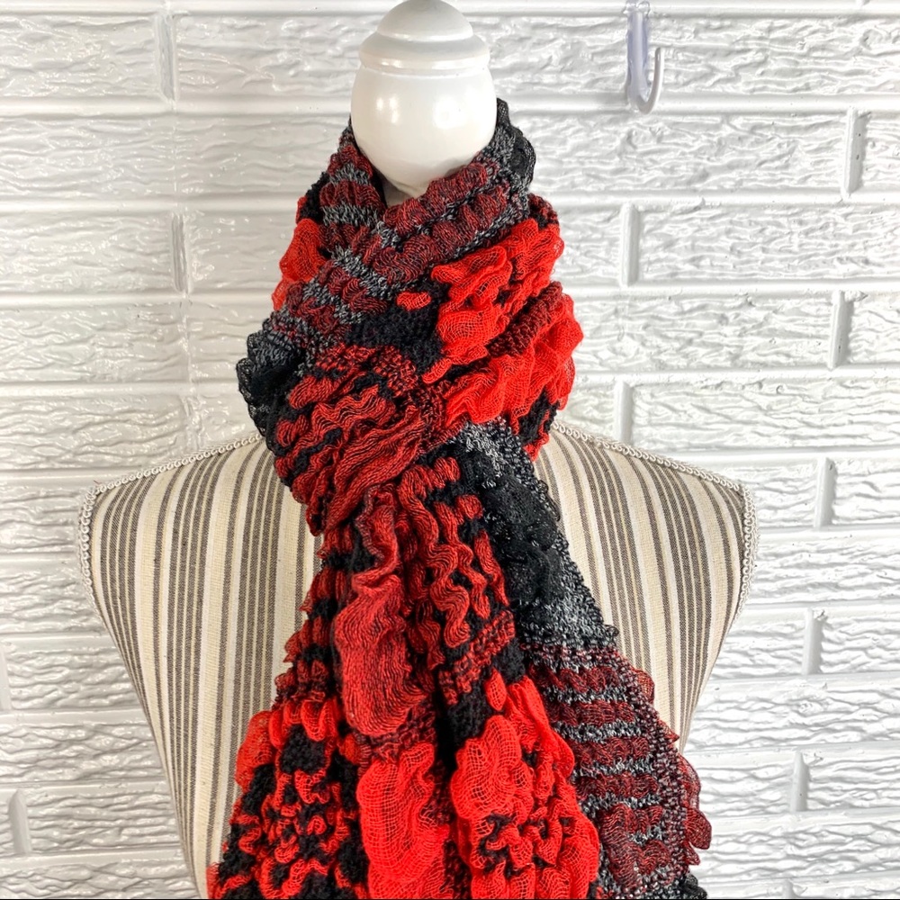 5/$25 Ruffled Patchwork Floral Scarf Black Red - Picture 2 of 7